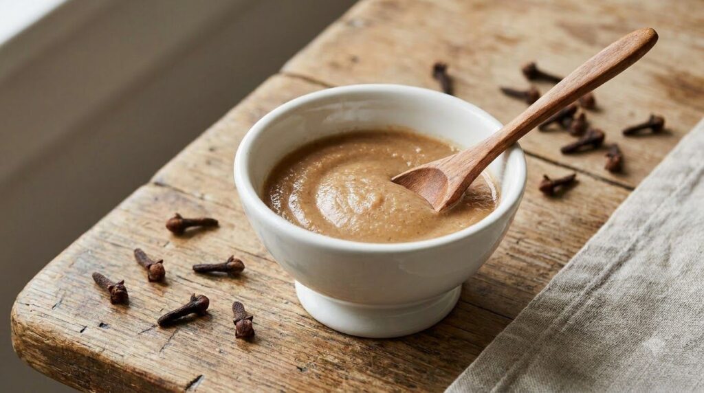 A small bowl with a mixture of Vaseline and finely ground clove powder stirred together The texture should be a light br