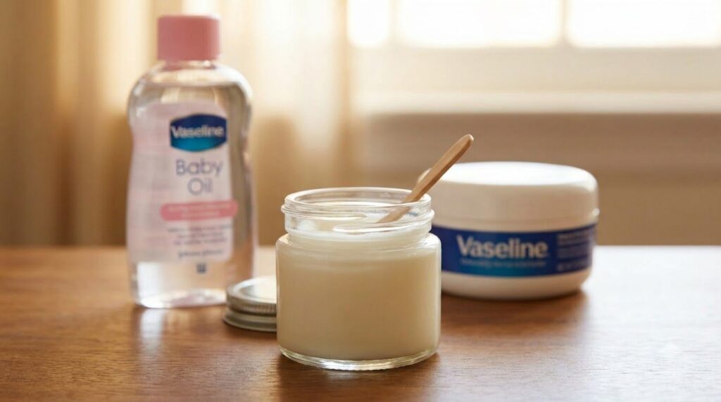 A small clean glass jar containing a creamy mixture of Vaseline and baby oil The texture should look smooth and rich In