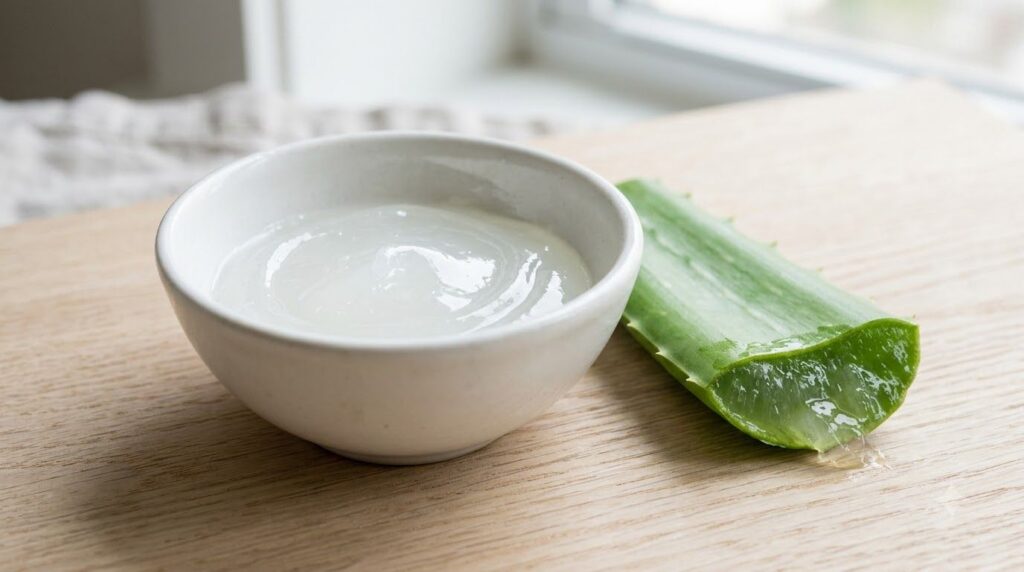A small pristine white bowl containing a translucent smooth mixture of Vaseline and aloe vera gel A freshly cut aloe ver