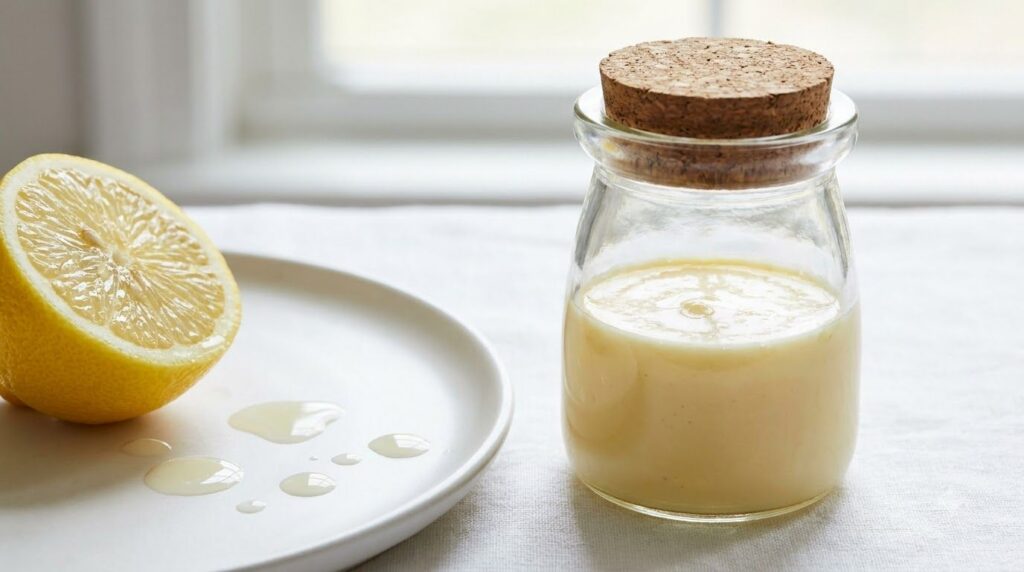A small clear glass container holding a smooth pale yellow mixture of Vaseline and lemon juice A freshly cut lemon half