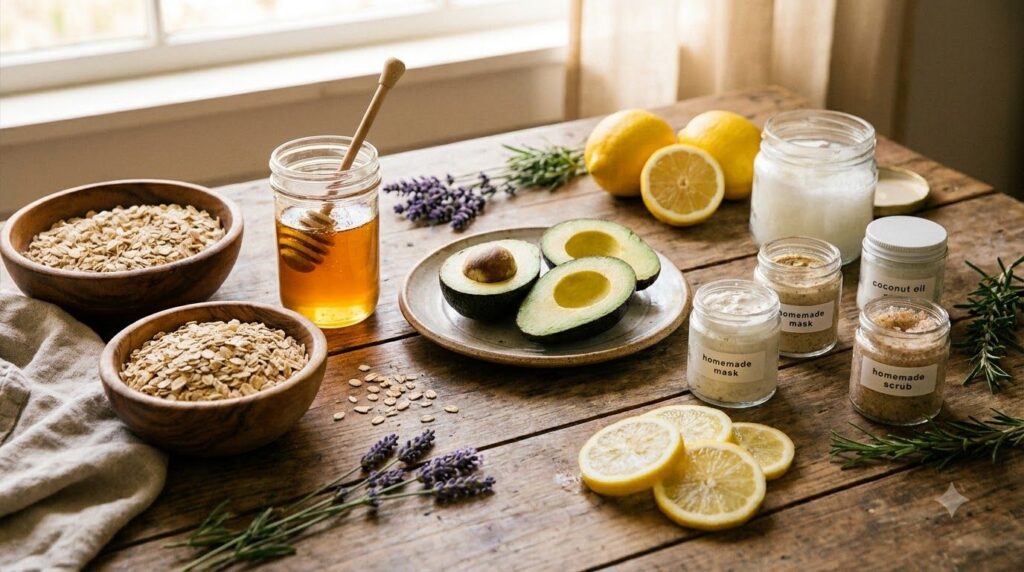 A variety of natural beauty ingredients artfully arranged on a wooden table including bowls of oats honey avocado lemons