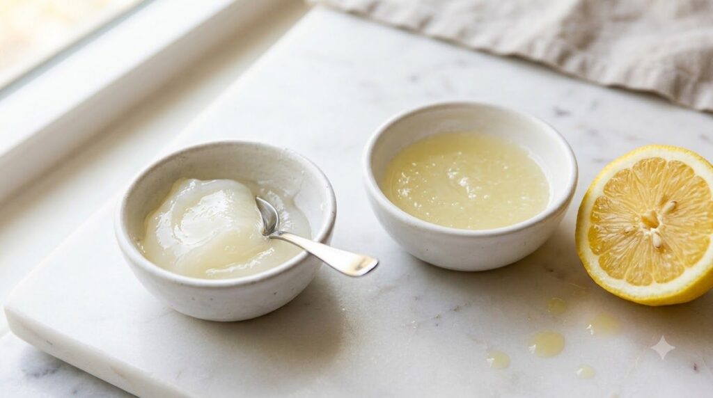 Two small bowls on a clean white surface One bowl contains a translucent waxy healing jelly petroleum jelly and the othe