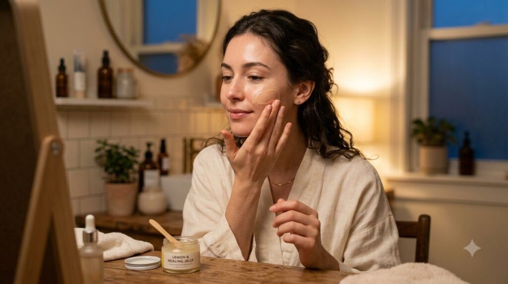 A woman gently applying a thin layer of the healing jelly and lemon blend to her clean face in the evening Her expressio