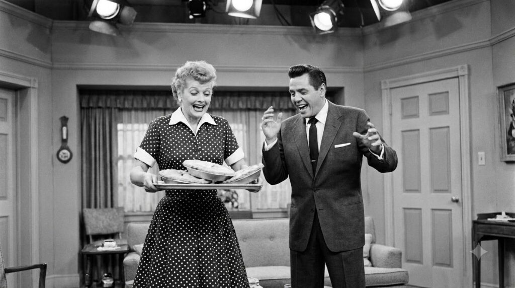 Lucille Ball and Desi Arnaz in a famous scene from I Love Lucy perhaps a comedic moment showing their chemistry