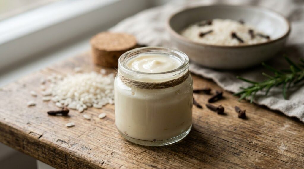 Close-up of a glass jar filled with the freshly made DIY collagen cream showing its smooth pale texture Ingredients like