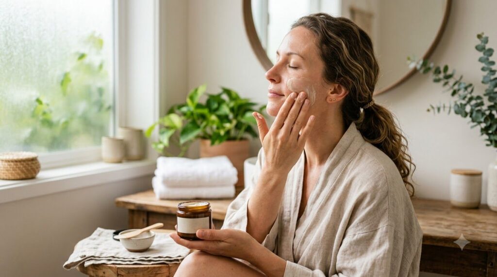 A woman applying the DIY collagen cream to her face gently massaging it into her cheek Her eyes are closed showing a mom