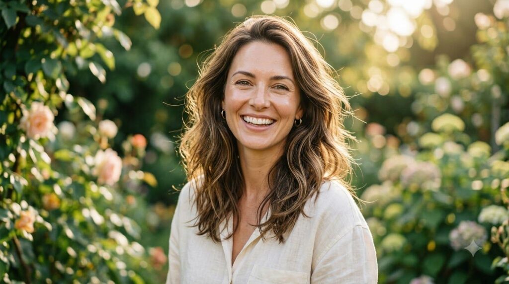 A woman with a fresh radiant complexion looking happy and healthy with soft lighting highlighting her glowing skin