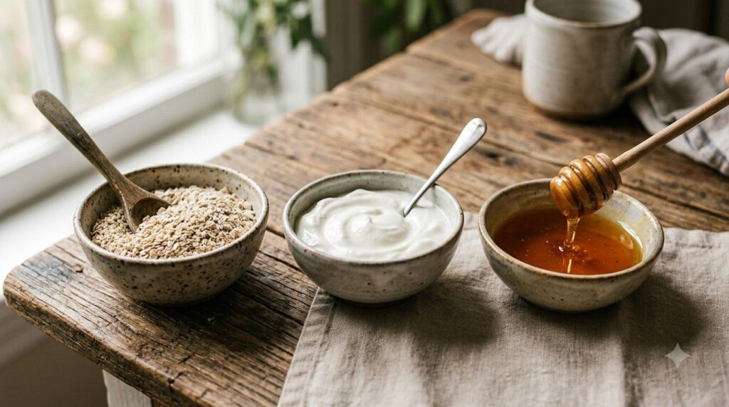 Three small bowls containing the ingredients finely ground oatmeal plain yogurt and golden honey arranged neatly on a wo