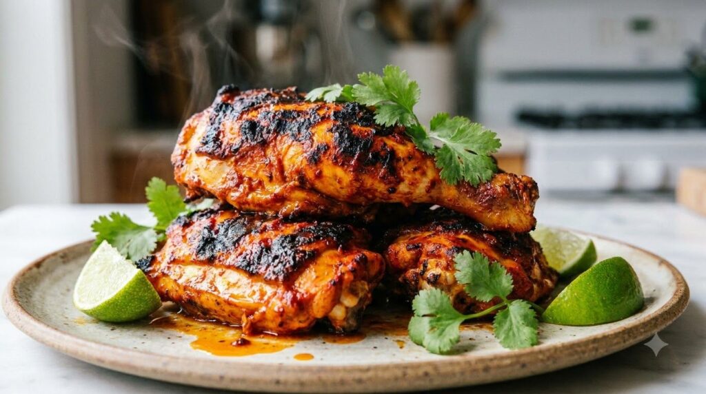Grilled chicken pieces with a vibrant red-orange hue from chipotle marinade slightly charred on a plate with lime wedges