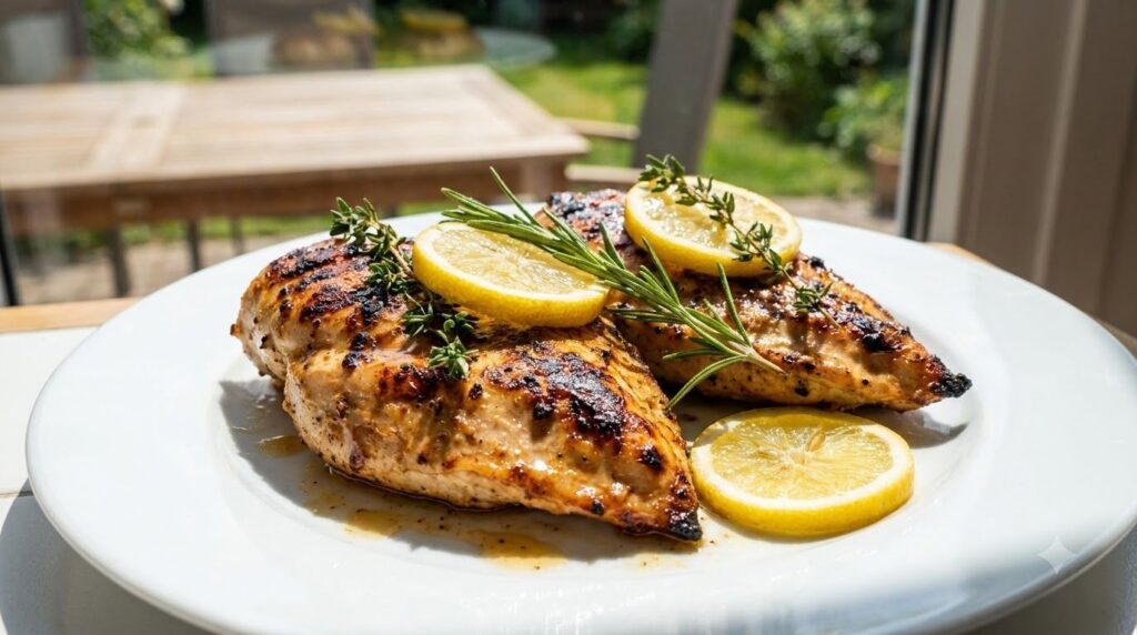 Lightly charred grilled chicken breasts visibly tender garnished with fresh lemon slices and a sprig of rosemary and thy
