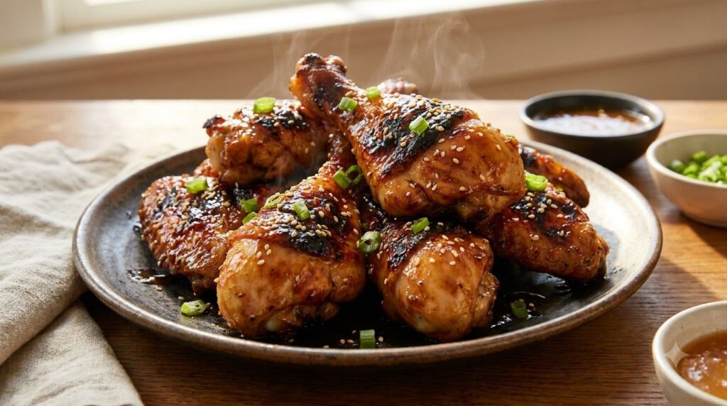 Sticky glazed grilled chicken drumsticks and wings coated in a rich honey garlic sauce with a visible char garnished wit