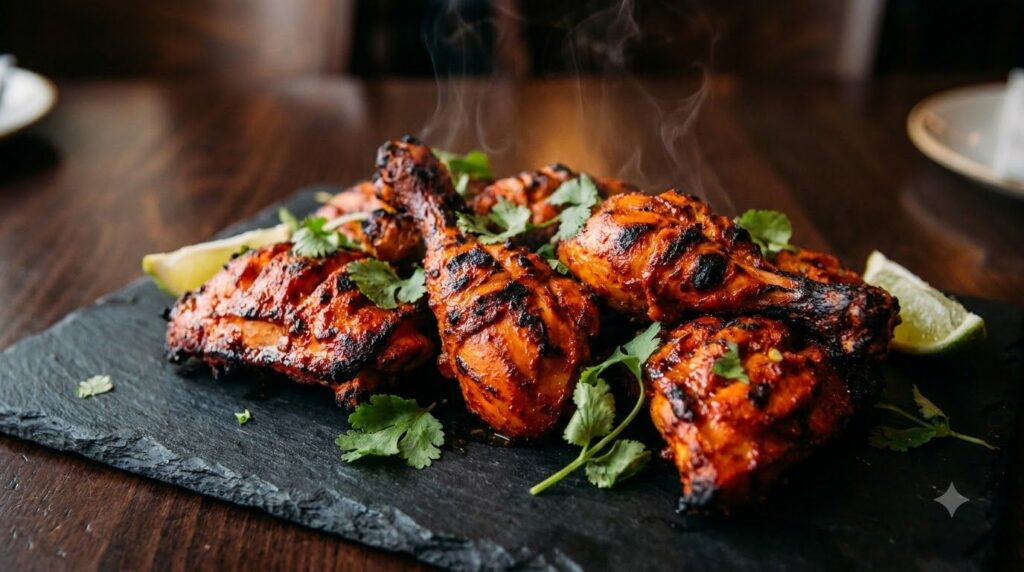 Deep red-orange tandoori-style grilled chicken pieces visibly charred garnished with fresh cilantro and lime wedges on a