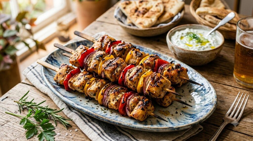 Vibrant grilled chicken skewers with colorful bell peppers and red onion showing nice char marks on a serving platter wi
