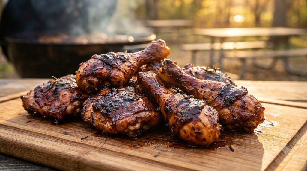 Juicy grilled chicken pieces heavily coated in a rich dark and sticky BBQ glaze with visible char marks and glistening s