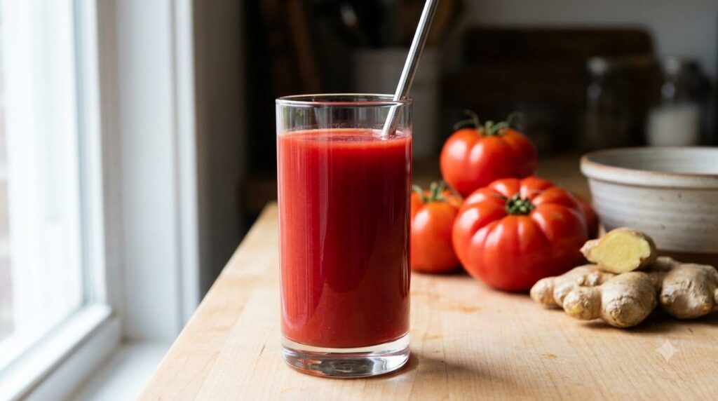 A glass of vibrant red ginger-tomato juice with a straw placed on a kitchen counter with fresh ginger and tomatoes in th