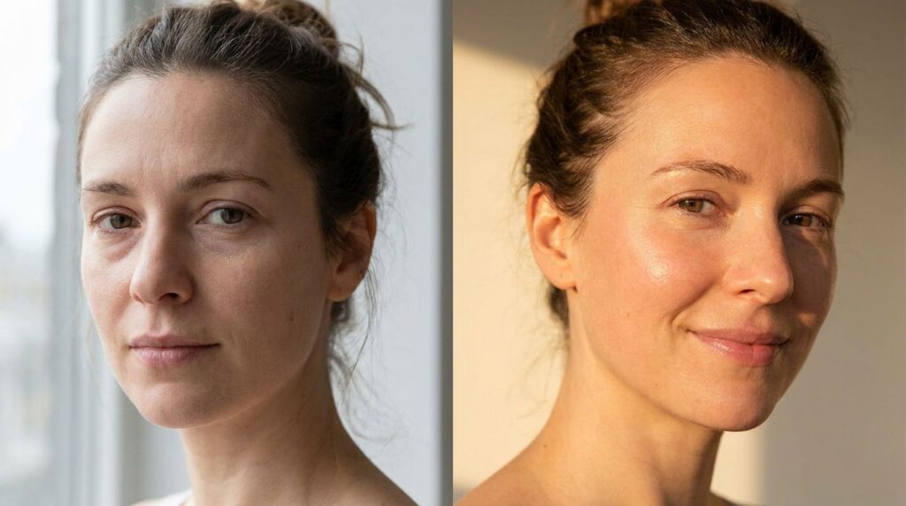 A before and after comparison image showing a woman s face The before side has slightly dull skin and visible fine lines