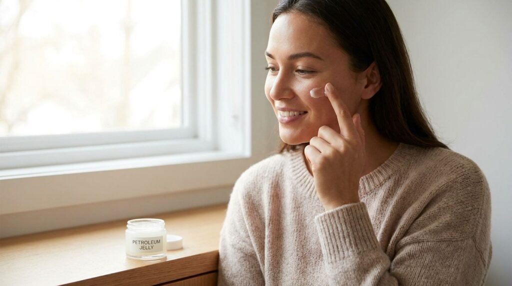A woman with glowing healthy skin applying a small amount of petroleum jelly to her face emphasizing a natural and hydra
