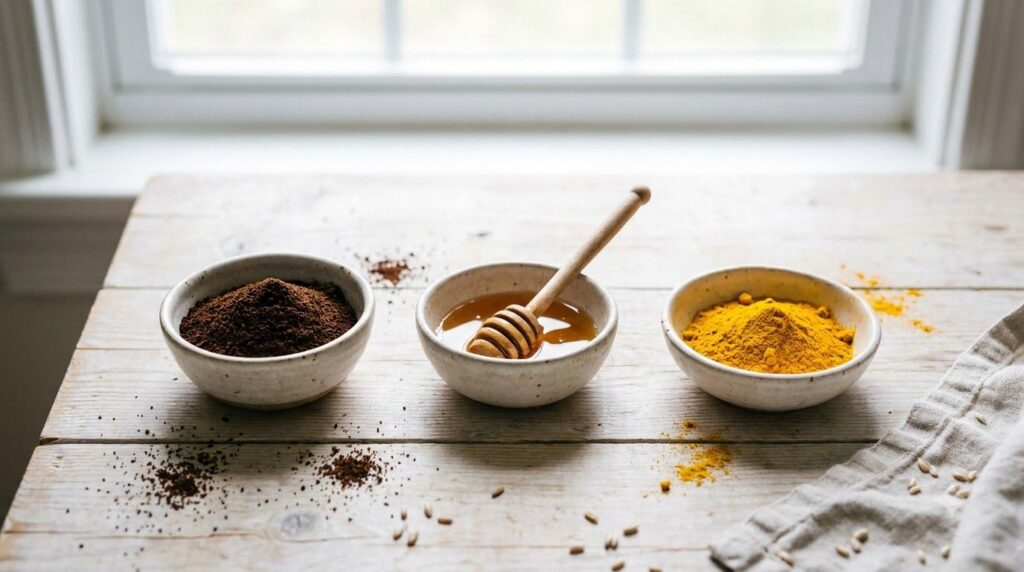 Three small bowls containing separate ingredients finely ground coffee golden honey and bright yellow turmeric powder ar