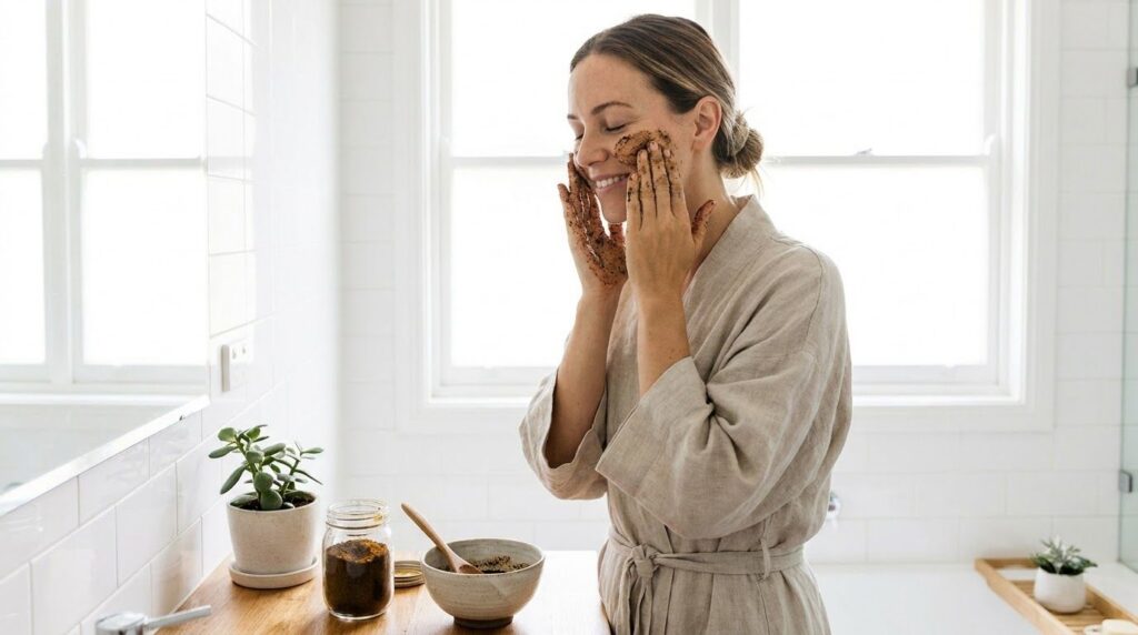 A woman gently massaging the coffee honey and turmeric scrub onto her face in a circular motion with her eyes closed imp