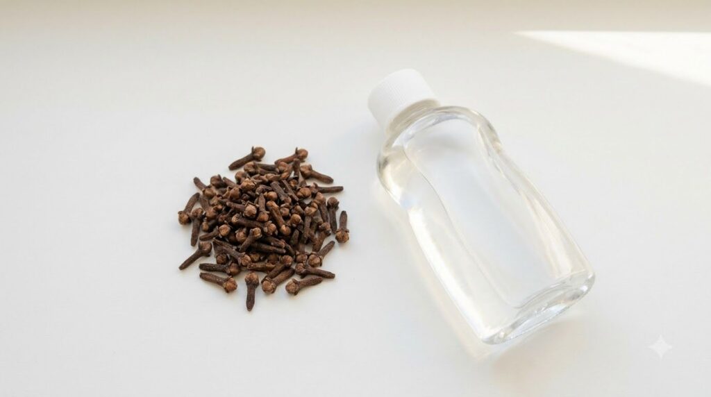 Two main ingredients for Botox Oil side by side a small pile of whole dried cloves and a bottle of clear baby oil The se