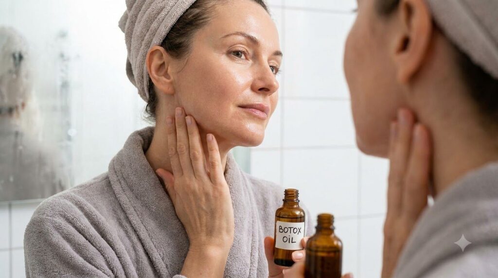 A woman gently massaging a few drops of the homemade Botox Oil onto her face and neck with her fingertips Her skin appea