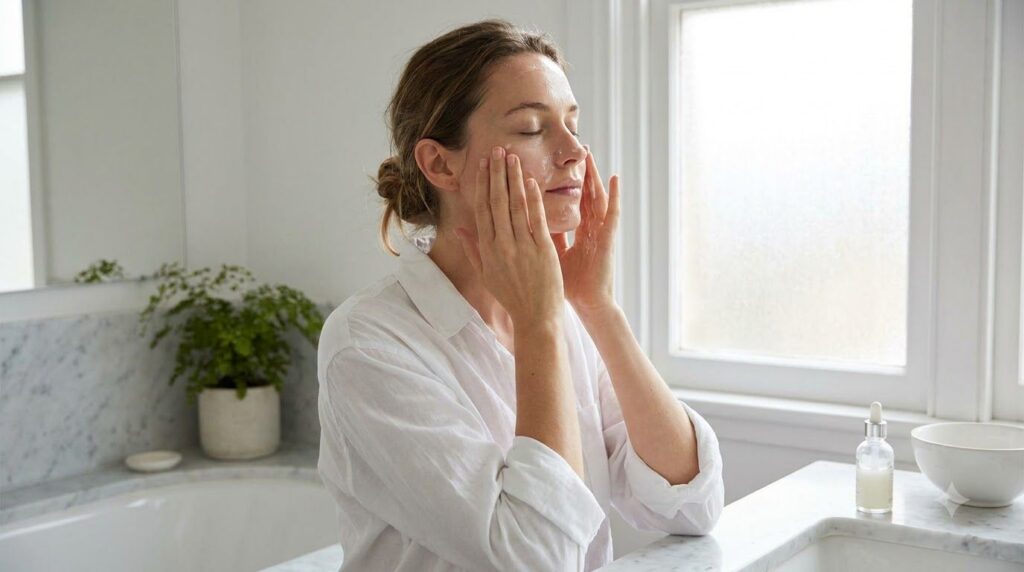 A woman gently patting a clear milky liquid onto her clean face showing a calm and satisfied expression Her eyes are clo