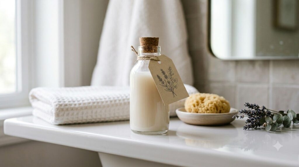 A small clear glass bottle with a cork stopper filled with a light milky liquid labeled with a simple elegant homemade l
