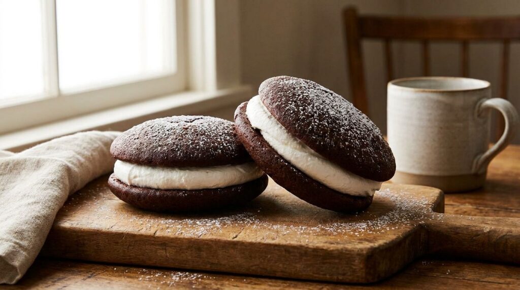 A pair of chocolate whoopie pies fluffy dark chocolate cakes sandwiching a thick layer of creamy white filling on a rust