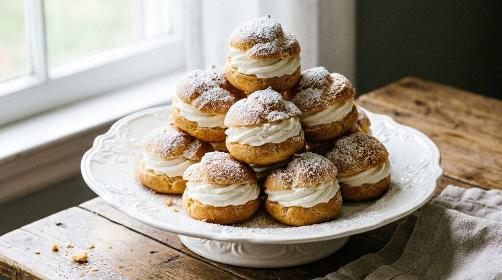 A stack of golden-brown cream puffs dusted with powdered sugar filled with fluffy white Chantilly cream on a elegant des