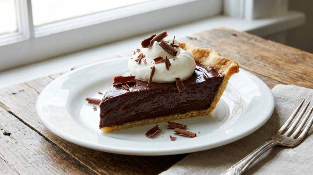A rich dark chocolate cream pie slice showcasing its glossy chocolate filling and a generous topping of fresh whipped cr