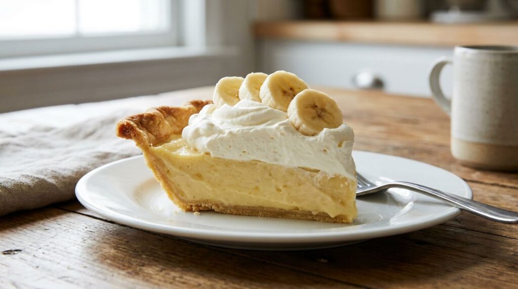 A slice of homemade banana cream pie with a buttery crust creamy banana filling topped with whipped cream and banana sli