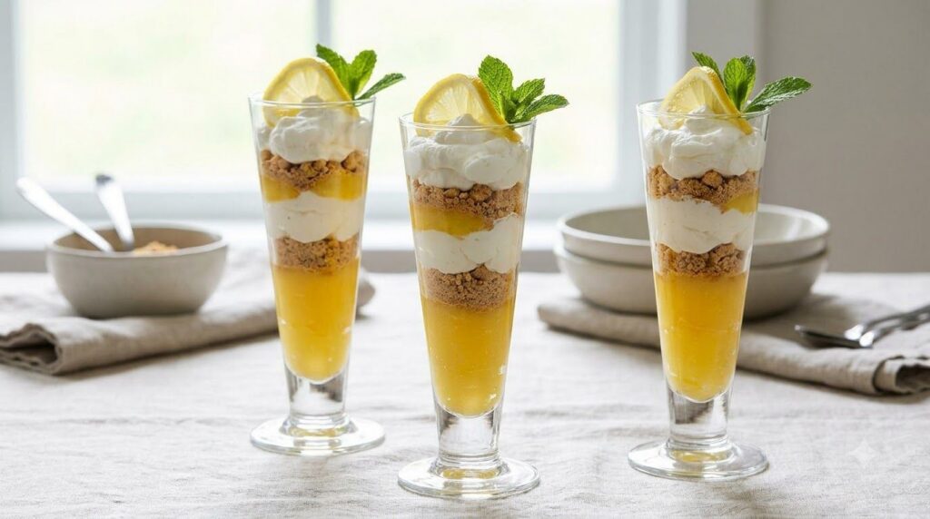 Glass parfaits showing layers of bright yellow lemon cream crushed graham crackers and fresh whipped cream garnished wit