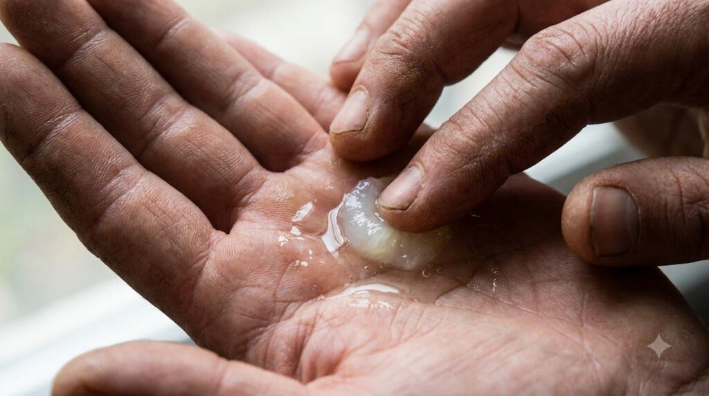 A close-up of a person s hands mixing Vaseline and baby oil in their palm creating a smooth gel