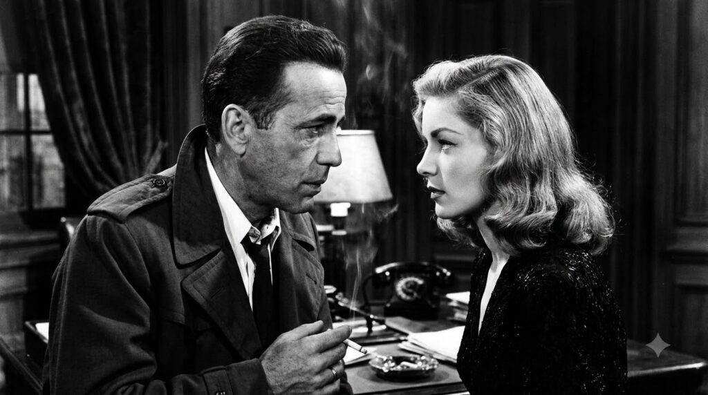 Humphrey Bogart and Lauren Bacall in a classic still from The Big Sleep looking at each other intensely