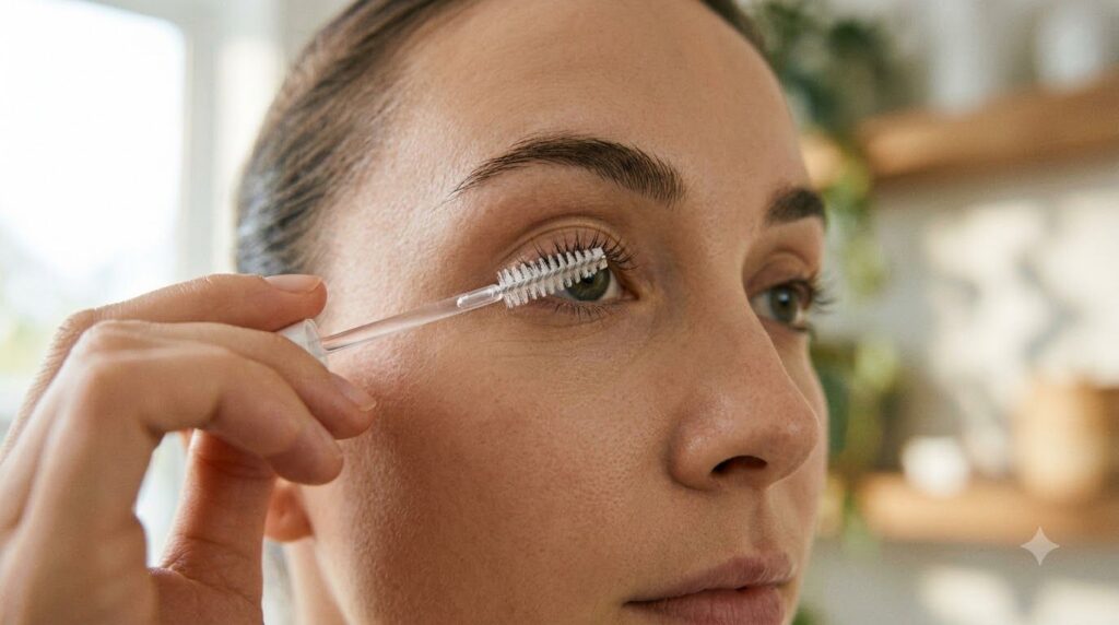 A person applying a clear or slightly green serum to their upper eyelashes with a clean mascara wand demonstrating the a
