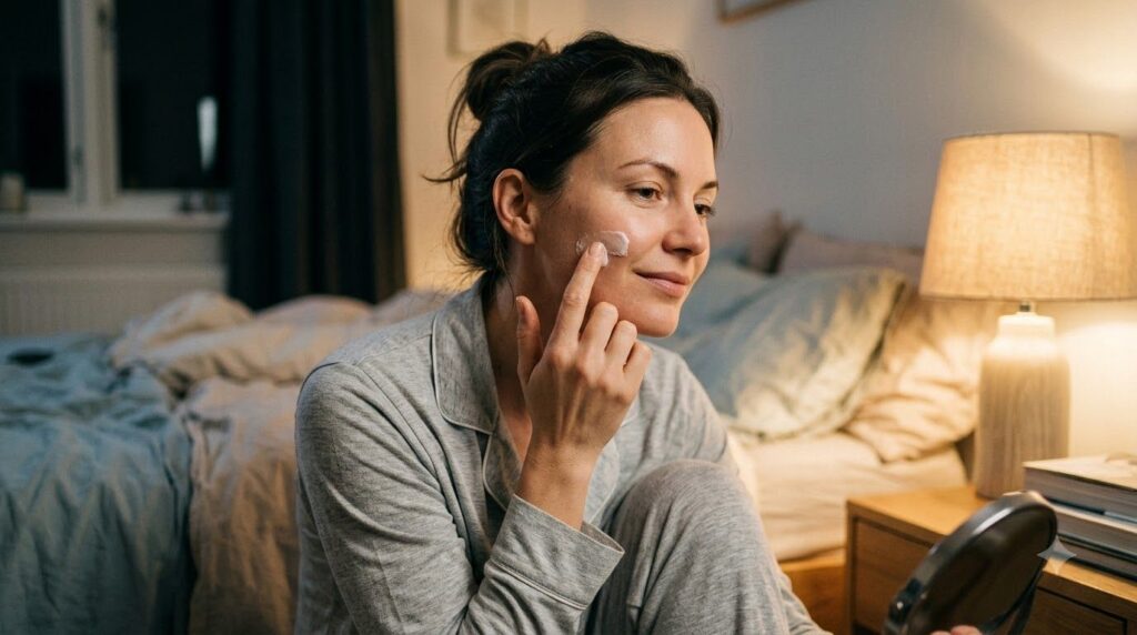 A woman gently applying a small amount of the mixed Vaseline and zinc oxide balm to her clean face at night with a soft 