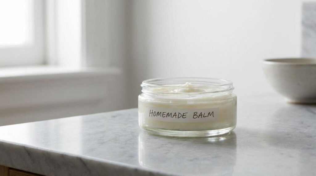 A small elegant jar of the homemade Vaseline and zinc oxide balm on a smooth reflective surface surrounded by gentle nat