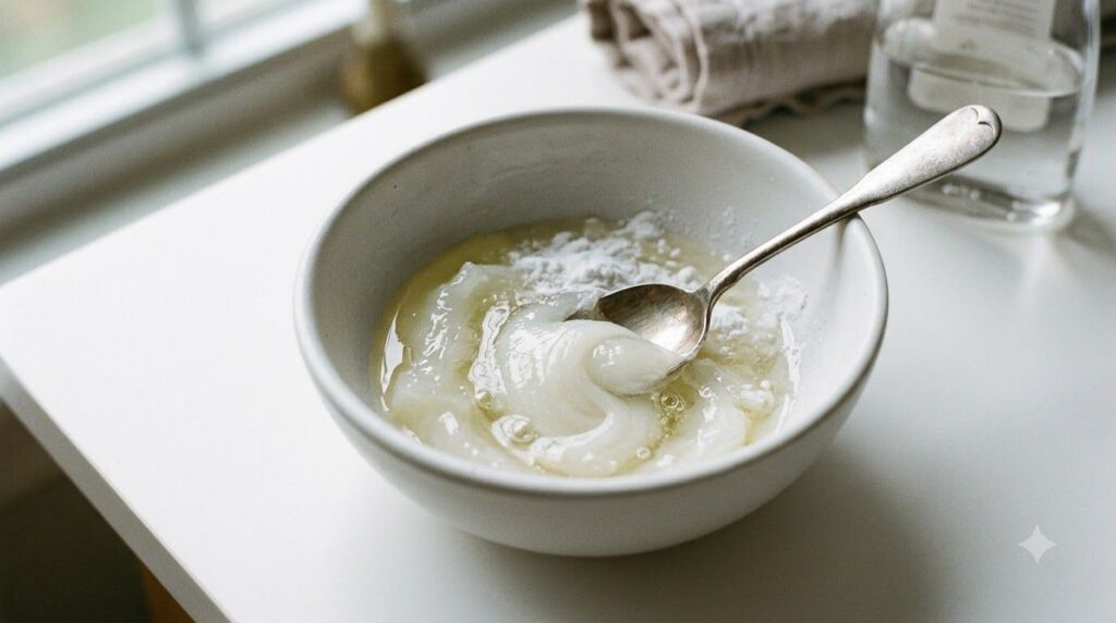A small bowl with petroleum jelly baby oil and baking soda being mixed together to create a smooth paste for a DIY skinc