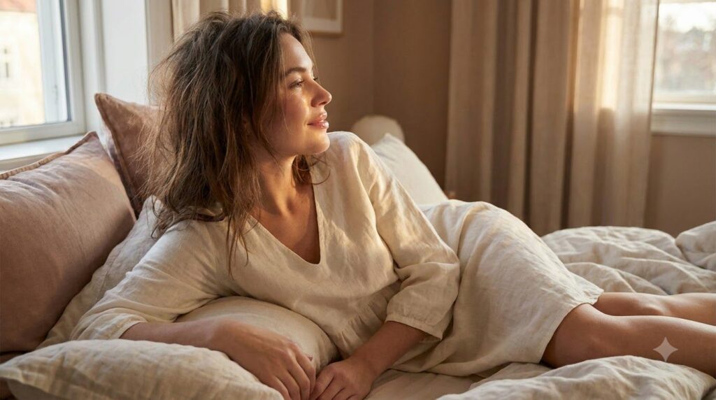 A woman waking up in bed with a subtle smile her lips looking soft and moisturized with natural morning light illuminati