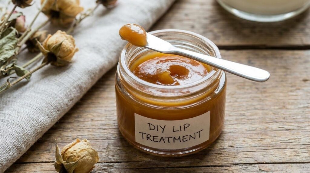 A small clear glass jar filled with the DIY anti-aging lip treatment with a metal spatula resting on the side