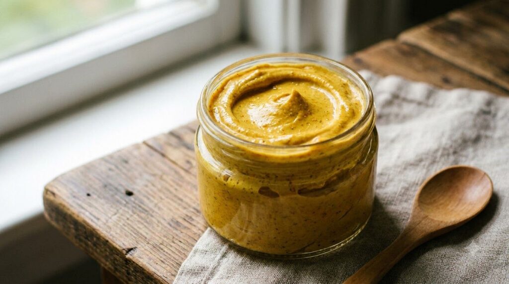 A close-up of a small glass jar containing a creamy golden-yellow mixture of Vaseline turmeric and honey The texture is 