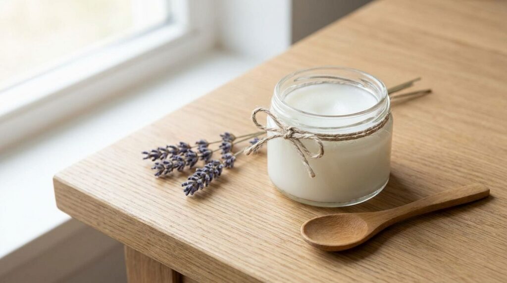 A small elegant glass jar filled with the finished white DIY porcelain balm displayed on a clean surface with a soft nat