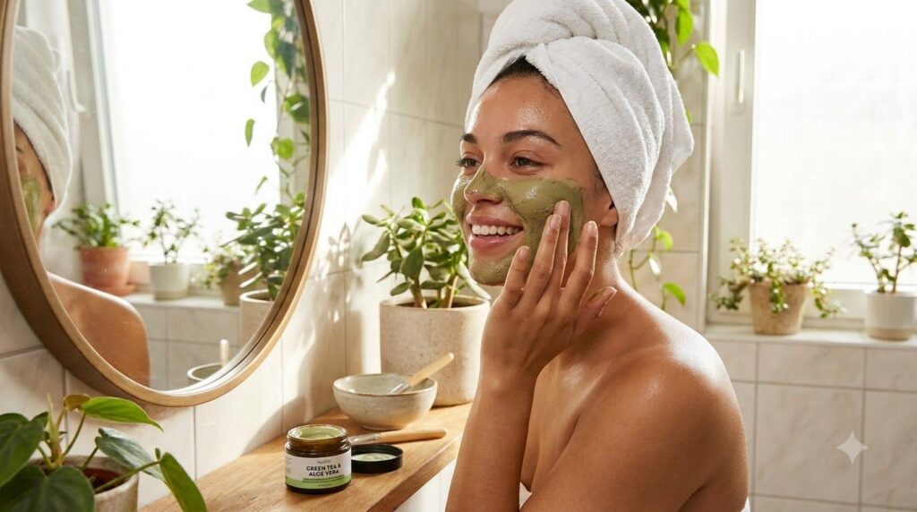 A woman gently applying a natural green tea and aloe vera face mask to her clean smiling face in a bright bathroom setti