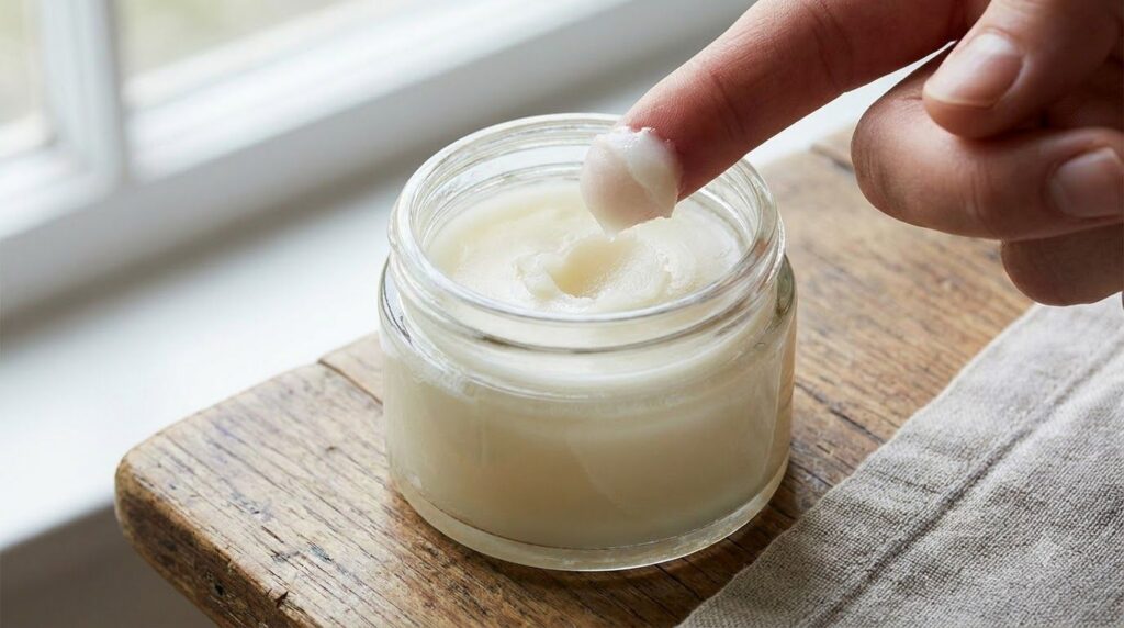 A small glass jar filled with the solidified smooth and slightly translucent Vaseline and Panthenol balm with a finger g