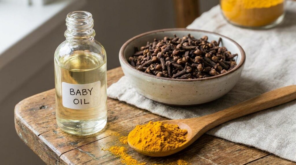 A trio of ingredients a bottle of baby oil whole cloves in a small bowl and a spoonful of turmeric powder