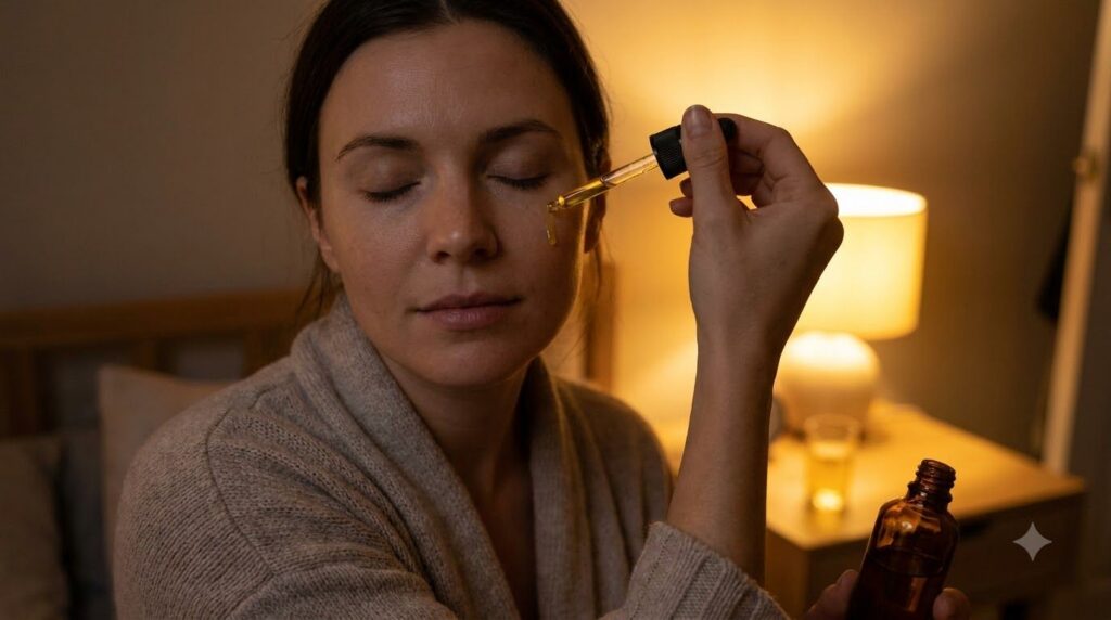 A person s hand applying a golden-yellow oil from a dropper bottle onto their face specifically near the cheekbone demon