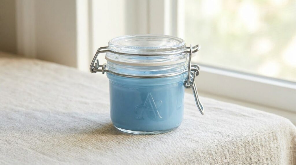 A small clean airtight jar filled with the finished blue Vaseline and Azulene balm with a soothing appearance