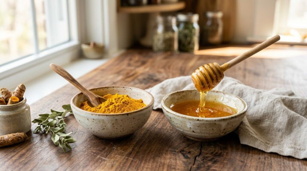 Small bowls of bright yellow turmeric powder and golden raw honey on a wooden surface with soft lighting