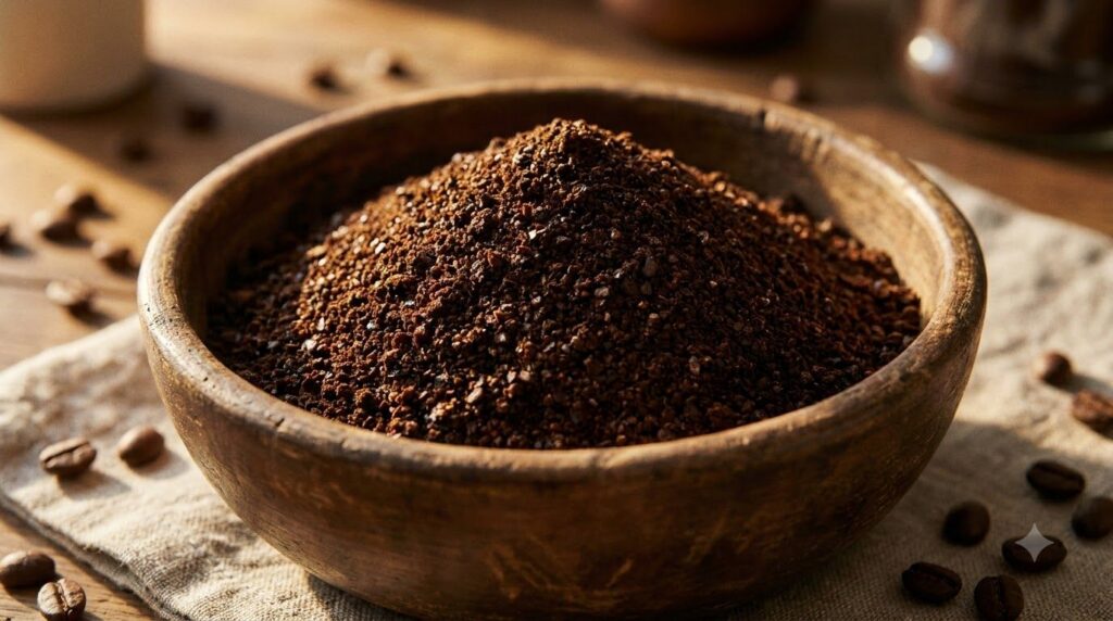 Close-up of fresh coffee grounds in a small bowl ready for a DIY scrub with a soft warm light