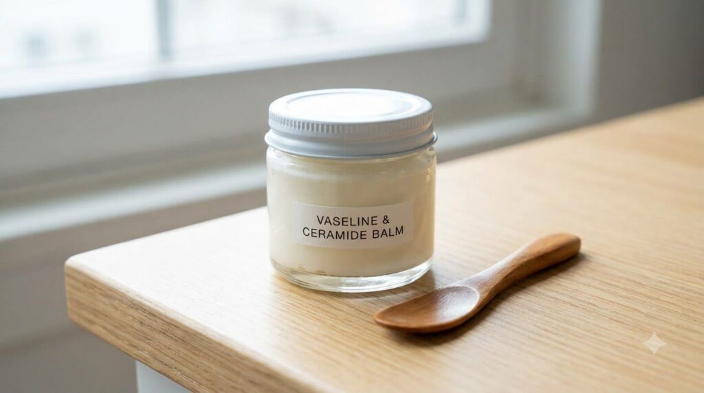 A small clean airtight container filled with the smooth consistent mixture of Vaseline and ceramide cream with a small s